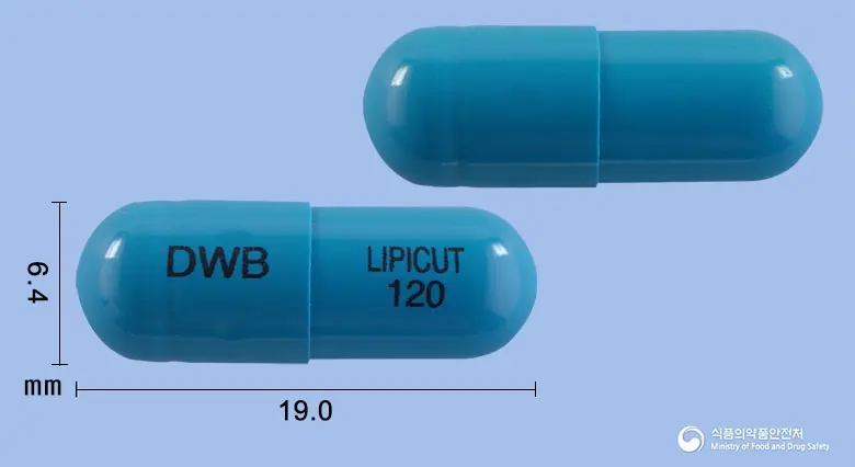 리피컷캡슐120밀리그램(오르리스타트) 앞뒤 사진 (파란색 캡슐, 각인 DWB LIPICUT 120)