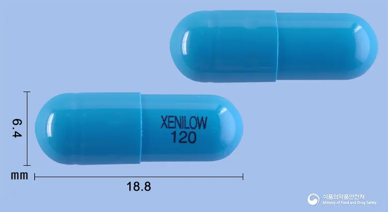 제니로우캡슐120밀리그램(오르리스타트) 앞뒤 사진 (파란색 캡슐, 각인 XENILOW120)