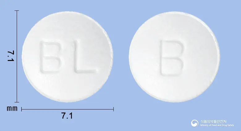 비엘바클로정10mg(바클로펜) 앞뒤 사진 (흰색 원형, 각인 BL / B)