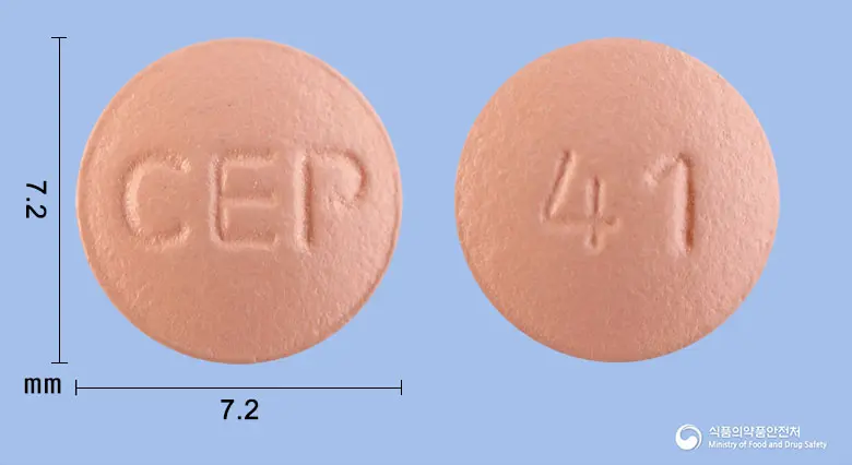 로수메디정10밀리그램(로수바스타틴칼슘) 앞뒤 사진 (분홍색 원형, 각인 CEP / 41)