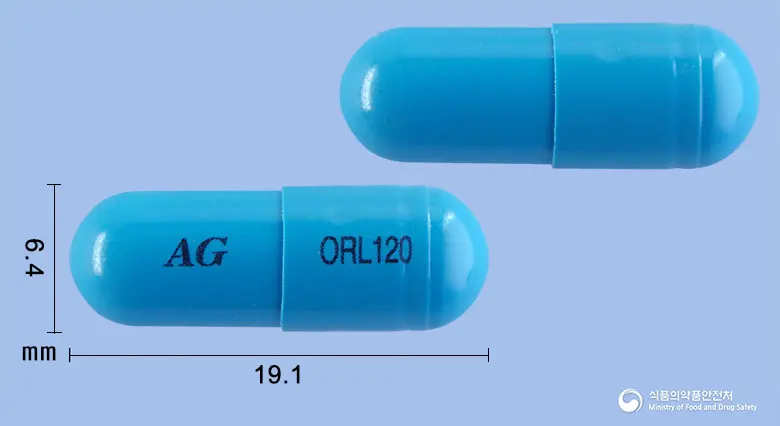 리피제로캡슐120밀리그램(오르리스타트) 앞뒤 사진 (파란색 캡슐, 각인 AG ORL120)