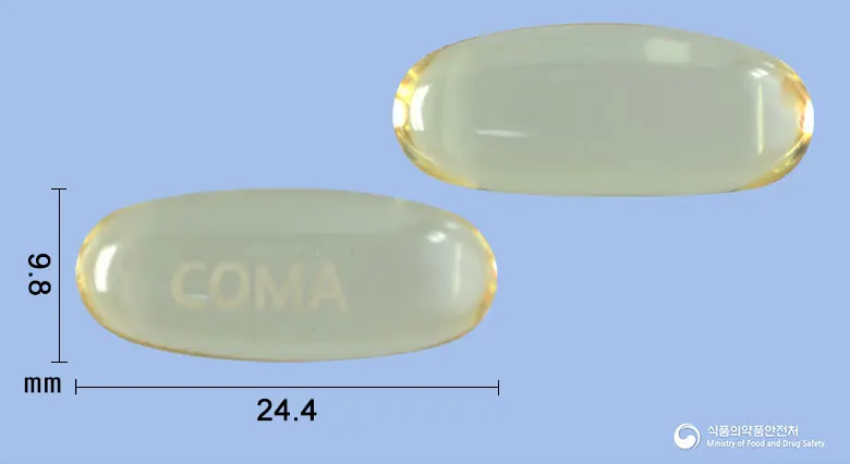 코마코연질캡슐(오메가-3-산에틸에스테르90) 앞뒤 사진 (노란색·투명 캡슐, 각인 COMA)
