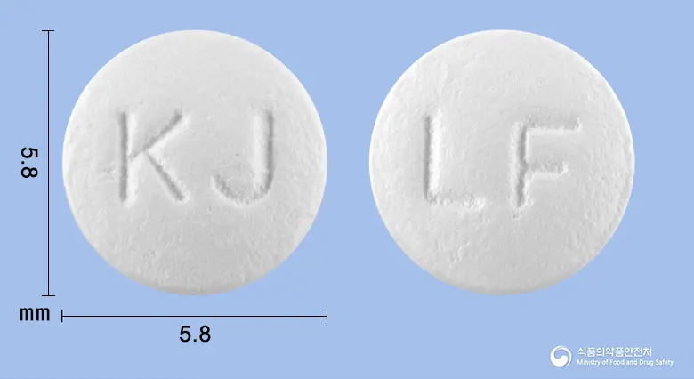 나푸디정(라푸티딘) 앞뒤 사진 (흰색 원형, 각인 KJ / LF)