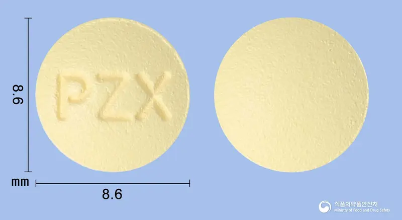 돈셉트정10밀리그램(도네페질염산염수화물) 앞뒤 사진 (노란색 원형, 각인 PZX)