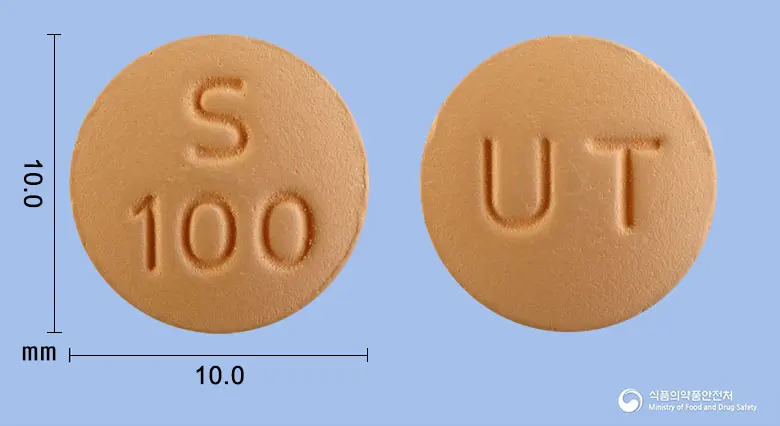 비아틴정100밀리그램(시타글립틴염산염수화물) 앞뒤 사진 (분홍색 원형, 각인 S100 / UT)