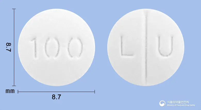 루치온정100mg(글루타티온(환원형)) 앞뒤 사진 (흰색 원형, 각인 100 / L U)