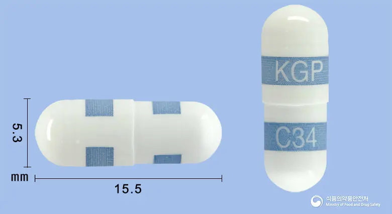 콕스그린캡슐100밀리그램(세레콕시브) 앞뒤 사진 (흰색 캡슐, 각인 KGPC34)