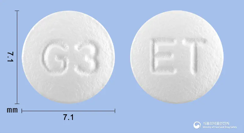 파모텍스정20mg(파모티딘) 앞뒤 사진 (흰색 원형, 각인 G3 / ET)