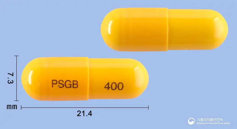 카나가바로틴캡슐400밀리그램(가바펜틴) 앞뒤 사진 (노란색 캡슐, 각인 PSGB 400)