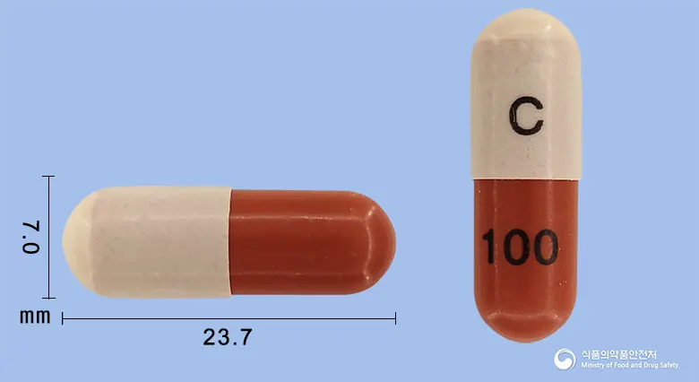 크레셈바캡슐100mg(이사부코나조늄황산염) 앞뒤 사진 (흰색 캡슐, 각인 C100)