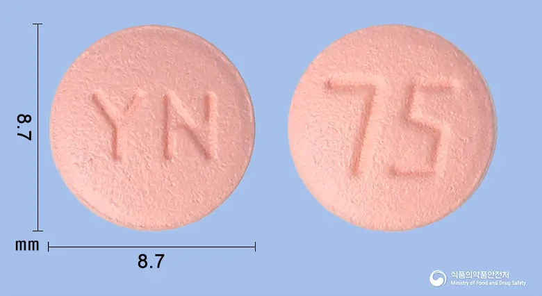 메딕그렐정(클로피도그렐황산수소염) 앞뒤 사진 (분홍색 원형, 각인 YN / 75)
