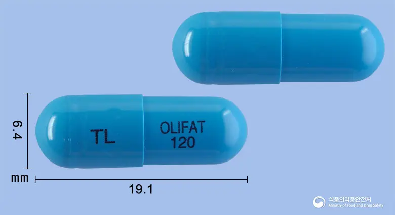 올리팻캡슐120밀리그램(오르리스타트) 앞뒤 사진 (파란색 캡슐, 각인 TL OLIFAT 120)