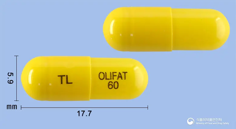 올리팻캡슐60밀리그램(오르리스타트) 앞뒤 사진 (노란색 캡슐, 각인 TL OLIFAT 60)