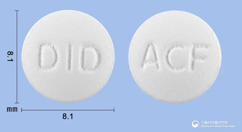 아세클로디드정(아세클로페낙) 앞뒤 사진 (흰색 원형, 각인 DID / ACF)