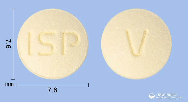 솔페나정5밀리그램(솔리페나신숙신산염) 앞뒤 사진 (노란색 원형, 각인 ISP / V)