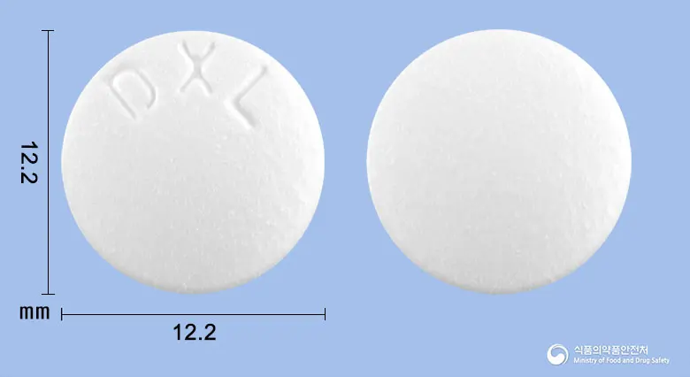 알로판텐정100mg(덱스판테놀) 앞뒤 사진 (흰색 원형, 각인 DXL)