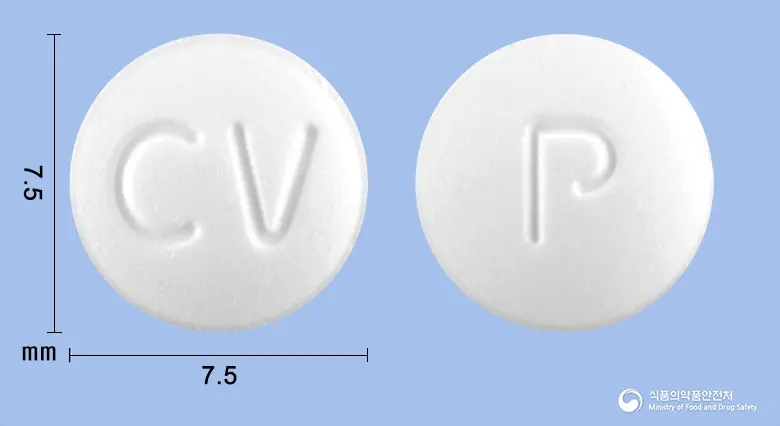 폴라징크정(폴라프레징크) 앞뒤 사진 (흰색 원형, 각인 CV / P)
