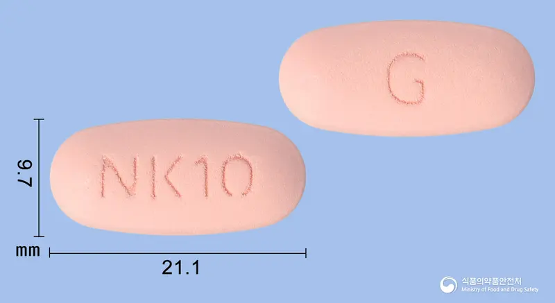 글로틴듀오정2.5/1000mg(리나글립틴, 메트포르민염산염) 앞뒤 사진 (분홍색 타원형, 각인 NK10 / G)