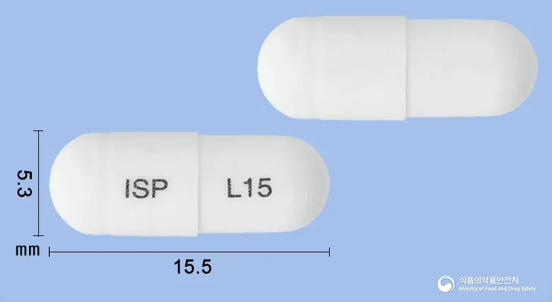 란소멜캡슐15밀리그램(란소프라졸과립) 앞뒤 사진 (흰색 캡슐, 각인 ISP L15)