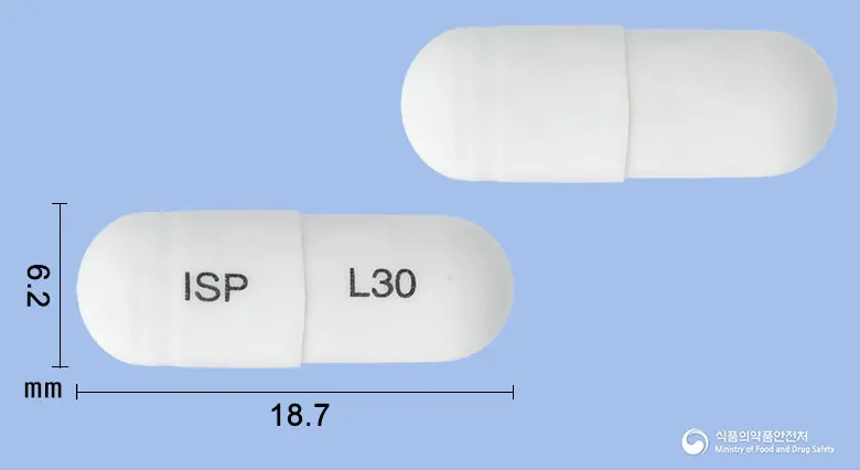 란소멜캡슐30밀리그램(란소프라졸과립) 앞뒤 사진 (흰색 캡슐, 각인 ISP L30)