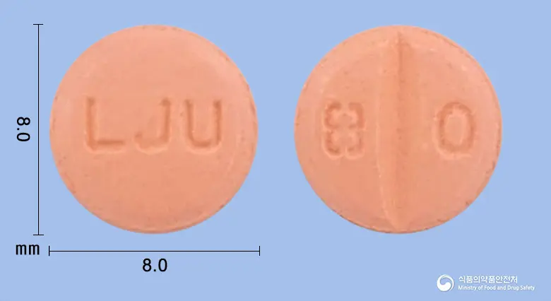 하트반정80mg(발사르탄) 앞뒤 사진 (분홍색 원형, 각인 LJU / 8 0)