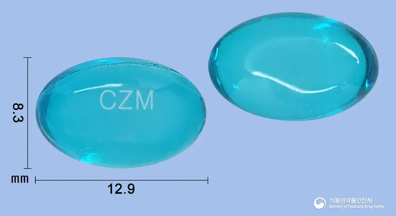 코자미연질캡슐(디펜히드라민염산염) 앞뒤 사진 (청록색·투명 캡슐, 각인 CZM)