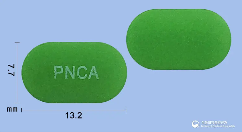 판제스트에프정 앞뒤 사진 (연두색 장방형, 각인 PNCA)