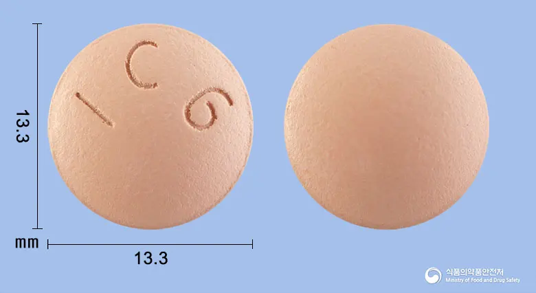 센스민정(디오스민) 앞뒤 사진 (분홍색 원형, 각인 IC6)