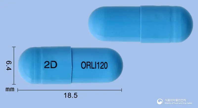 오르리캡슐120밀리그램(오르리스타트) 앞뒤 사진 (파란색 캡슐, 각인 2D ORLI120)