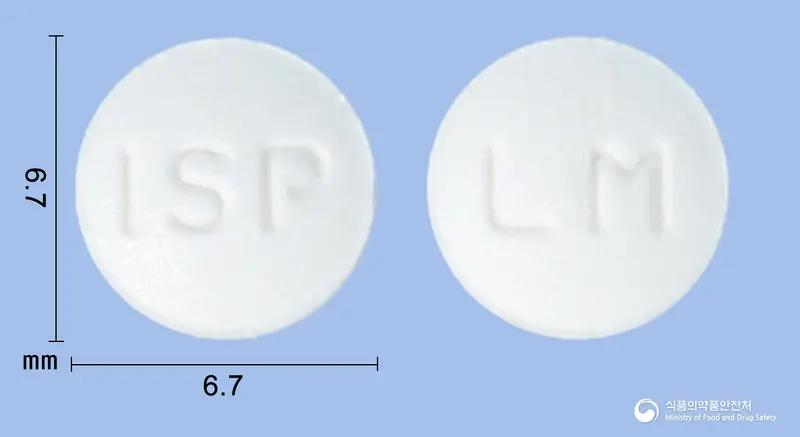 리마프로스정5마이크로그램(리마프로스트알파덱스) 앞뒤 사진 (흰색 원형, 각인 ISP / LM)