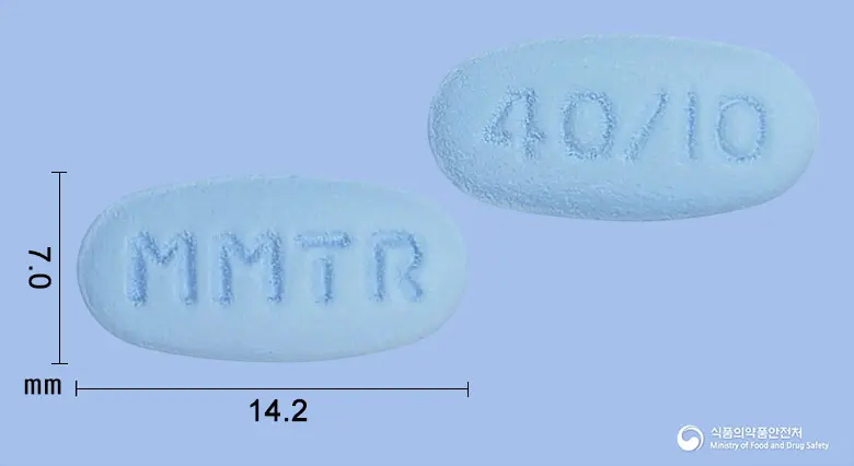 텔미로브정40/10밀리그램 앞뒤 사진 (파란색 타원형, 각인 MMTR / 40/I0)
