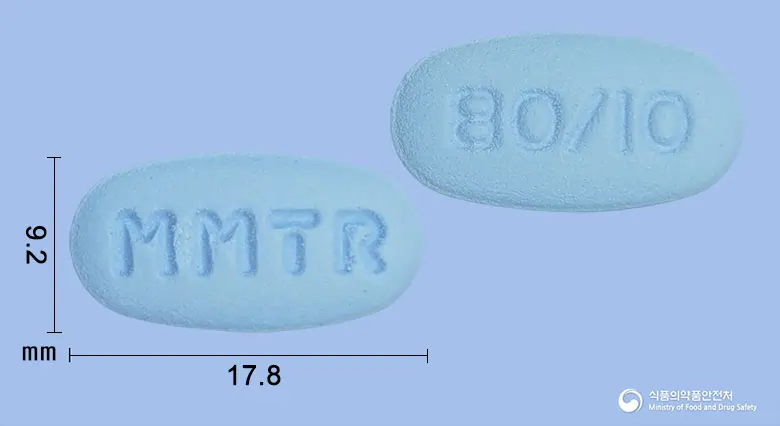 텔미로브정80/10밀리그램 앞뒤 사진 (파란색 타원형, 각인 MMTR / 80/I0)