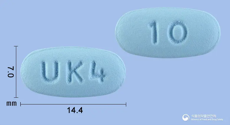 텔로우정40/10밀리그램 앞뒤 사진 (파란색 타원형, 각인 UK4 / 10)