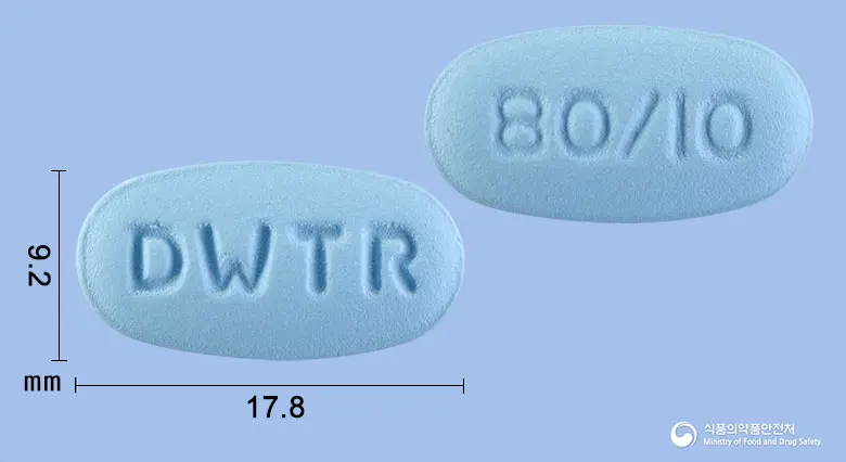 텔사탄알정80/10밀리그램 앞뒤 사진 (파란색 타원형, 각인 DWTR / 80/I0)