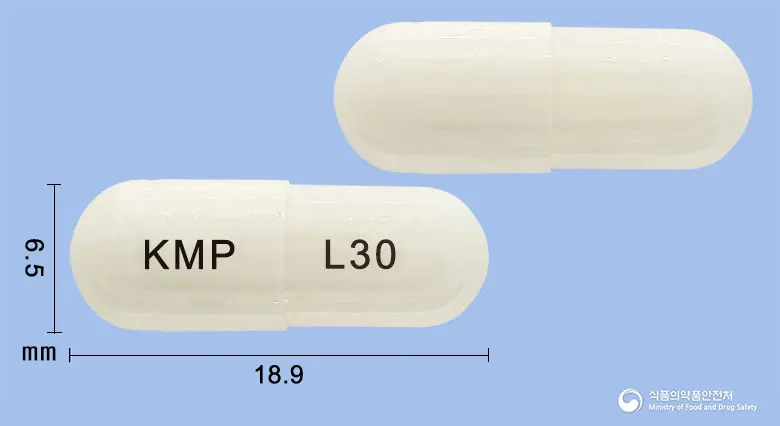 란시라캡슐30밀리그램(란소프라졸과립) 앞뒤 사진 (흰색 캡슐, 각인 KMP L30)
