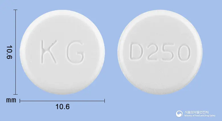 도베스정250밀리그램(도베실산칼슘수화물) 앞뒤 사진 (흰색 원형, 각인 KG / D250)