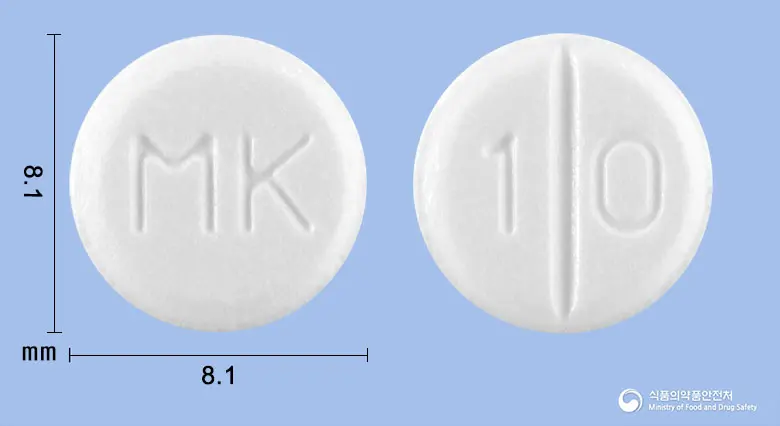 라사길정1밀리그램(라사길린메실산염) 앞뒤 사진 (흰색 원형, 각인 MK / 1 0)