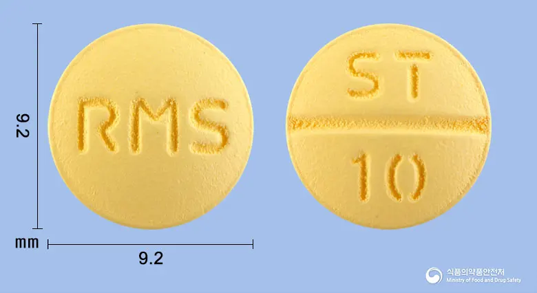 리메셉트정10밀리그램(도네페질염산염일수화물) 앞뒤 사진 (노란색 원형, 각인 RMS / ST 10)