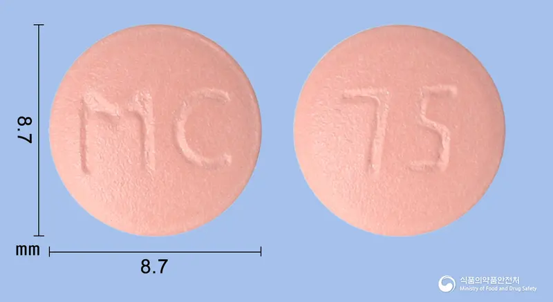 플라엠정(클로피도그렐황산수소염) 앞뒤 사진 (분홍색 원형, 각인 MC / 75)