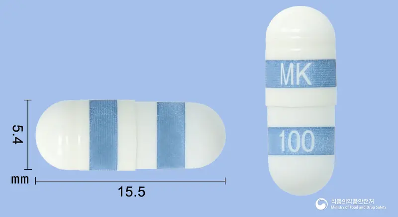 셀콕스캡슐100밀리그램(세레콕시브) 앞뒤 사진 (흰색·파란색 캡슐, 각인 MK 100)