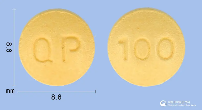 쎄로타핀정100밀리그램(쿠에티아핀푸마르산염) 앞뒤 사진 (노란색 원형, 각인 QP / 100)