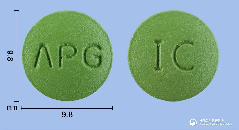 인크린정 앞뒤 사진 (연두색 원형, 각인 ΛPG / IC)