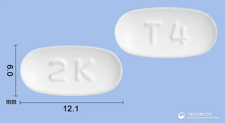 텔미건정40mg(텔미사르탄) 앞뒤 사진 (흰색 타원형, 각인 2K / T4)