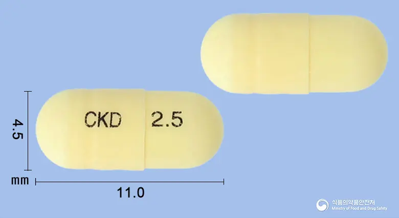리록시아캡슐2.5밀리그램(리바록사반) 앞뒤 사진 (노란색 캡슐, 각인 CKD 2.5)