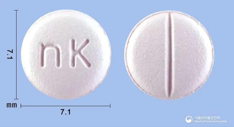 피타렌정2밀리그램(피타바스타틴칼슘수화물) 앞뒤 사진 (흰색 원형, 각인 nK)