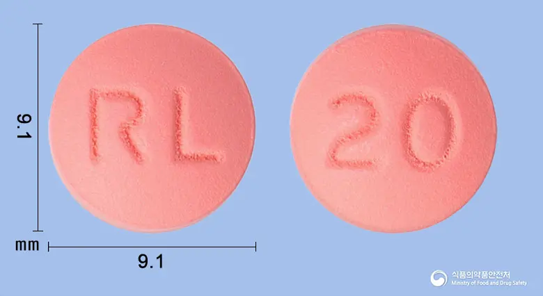 로수바엘정20밀리그램(로수바스타틴칼슘) 앞뒤 사진 (분홍색 원형, 각인 RL / 20)