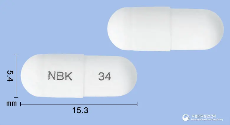가바론틴캡슐100밀리그램(가바펜틴) 앞뒤 사진 (흰색 캡슐, 각인 NBK 34)