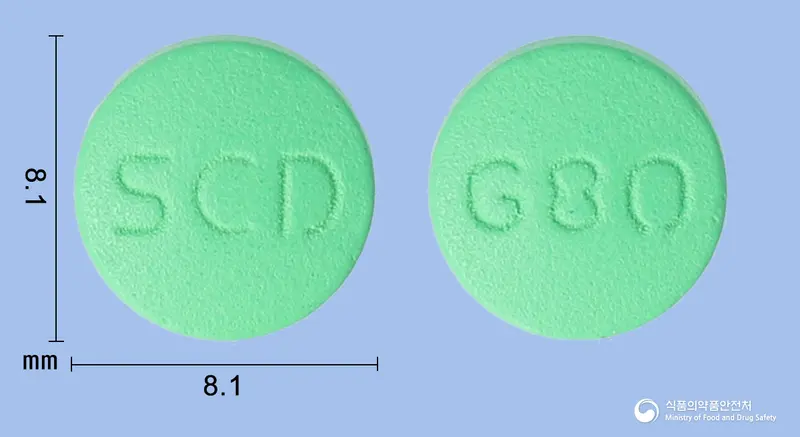써큐로민정80밀리그램(은행엽건조엑스) 앞뒤 사진 (연두색 원형, 각인 SCD / G80)