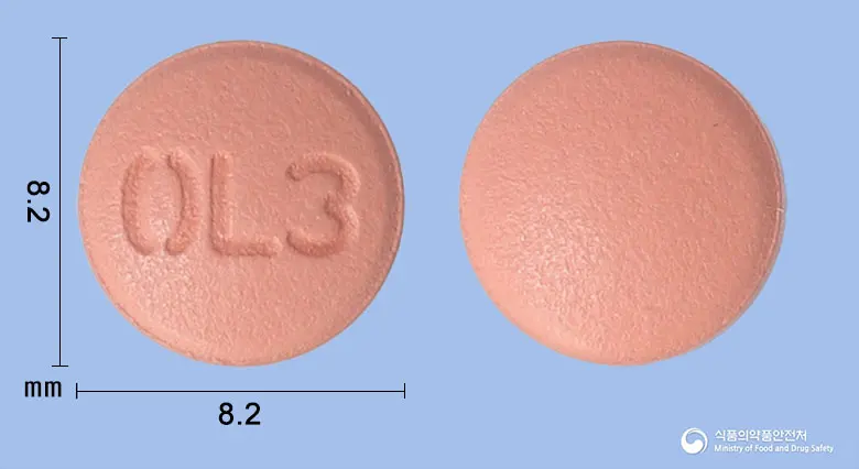 올메딜에이치씨티정10/40/12.5밀리그램 앞뒤 사진 (분홍색 원형, 각인 OL3)