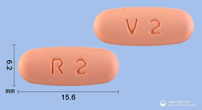 브이알정10/160밀리그램 앞뒤 사진 (분홍색 타원형, 각인 R2 / V2)